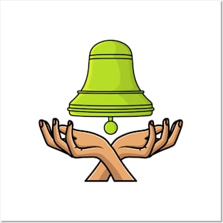 Green School Bell with People Hands Sticker design vector illustration. Alert and alarm objects icon design concept. Creative bell on hand sticker design icons logo with shadow Posters and Art